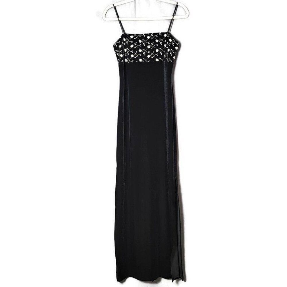 VTG Roberta Black Floral Embroidered Velvet Witchy Y2K Maxi High Slit Dress M